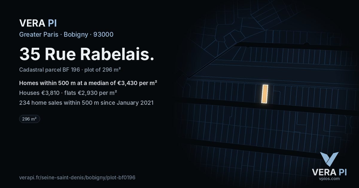 35 Rue Rabelais, Bobigny at night – the plot lit, the parcels around coloured by the prices near them