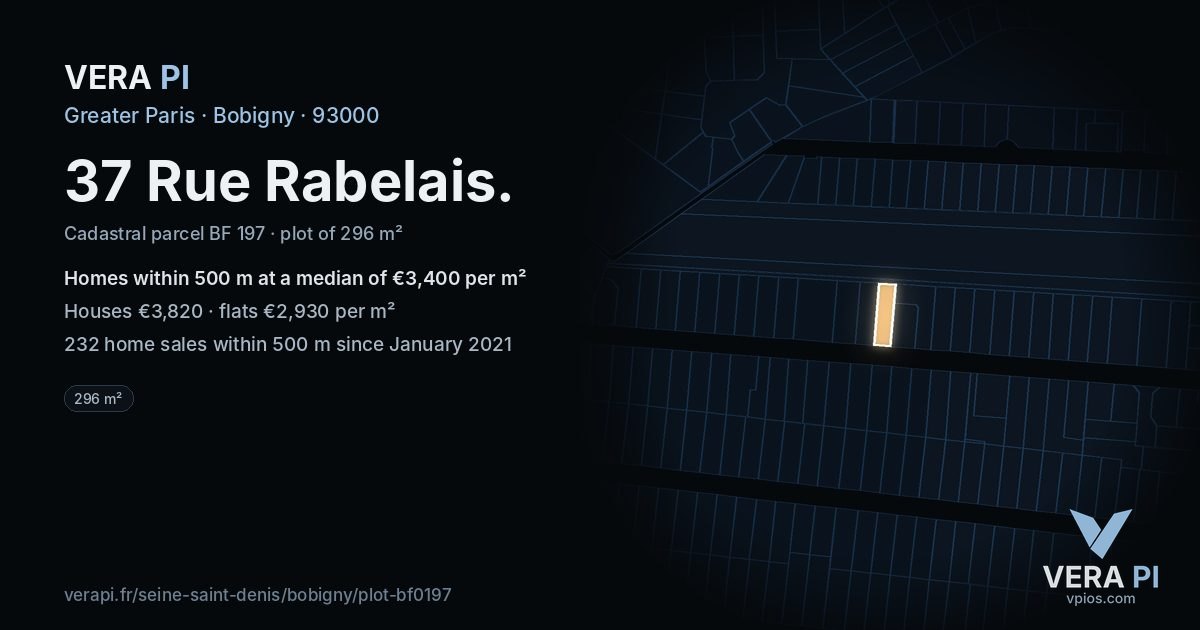 37 Rue Rabelais, Bobigny at night – the plot lit, the parcels around coloured by the prices near them