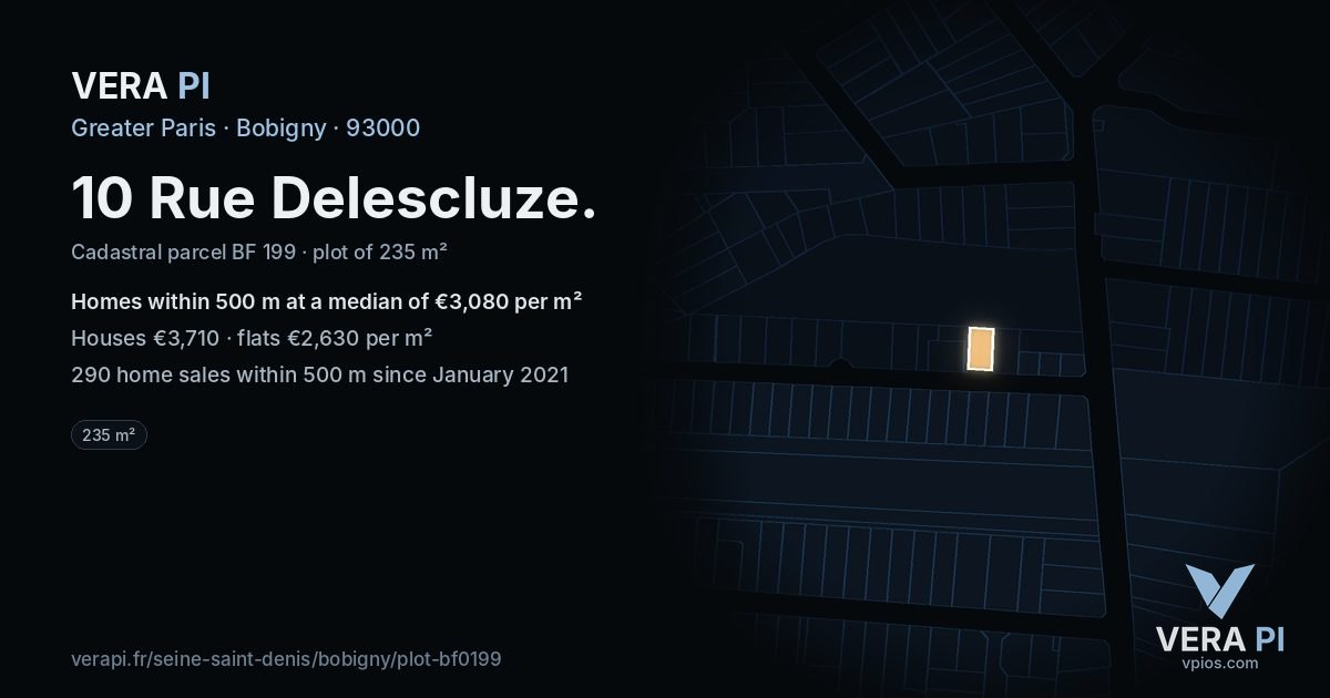 10 Rue Delescluze, Bobigny at night – the plot lit, the parcels around coloured by the prices near them