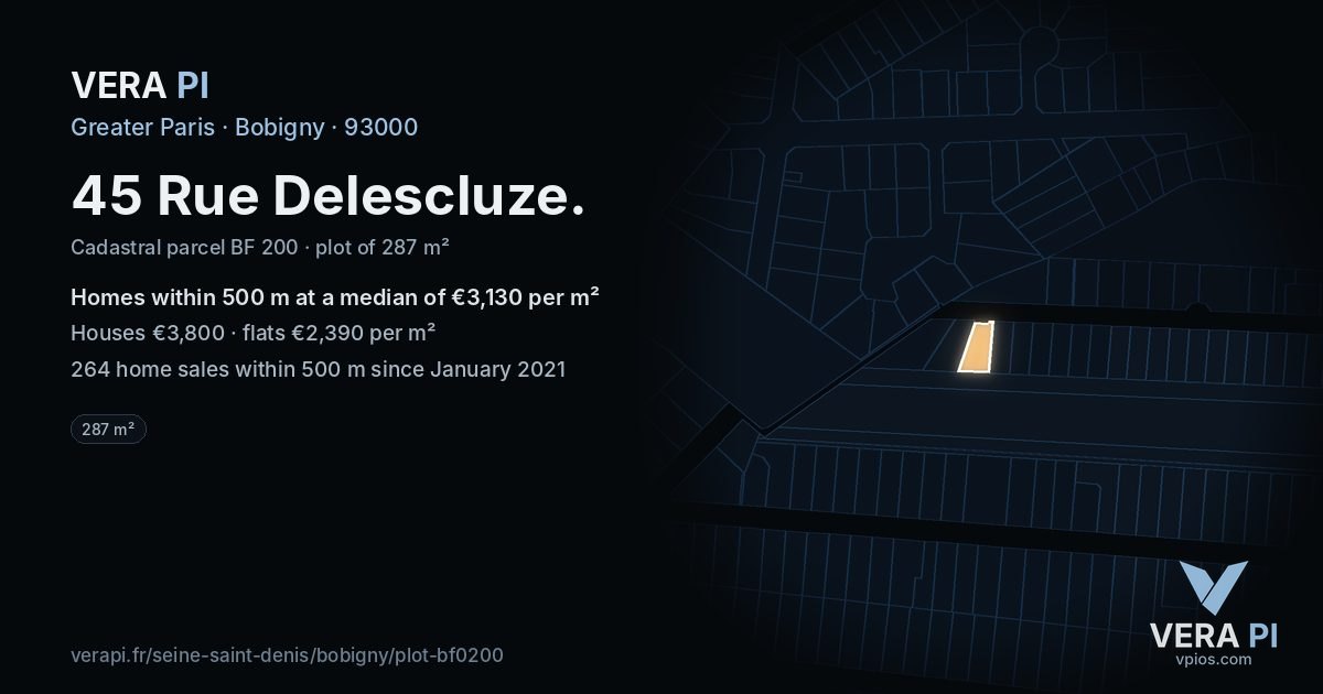 45 Rue Delescluze, Bobigny at night – the plot lit, the parcels around coloured by the prices near them