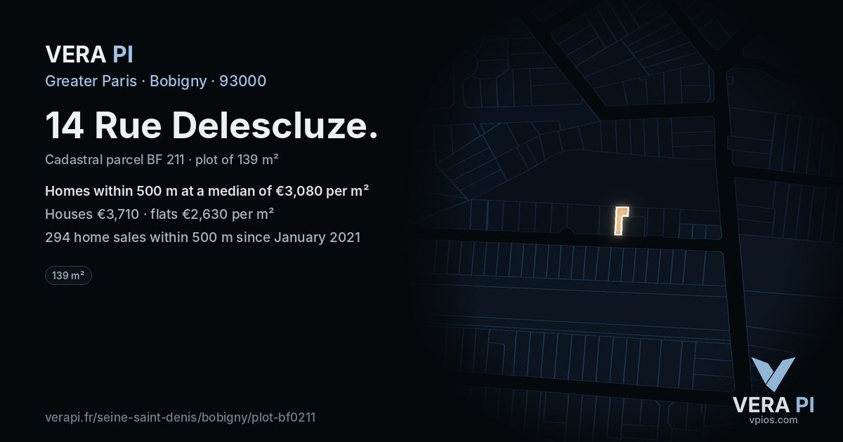 14 Rue Delescluze, Bobigny at night – the plot lit, the parcels around coloured by the prices near them