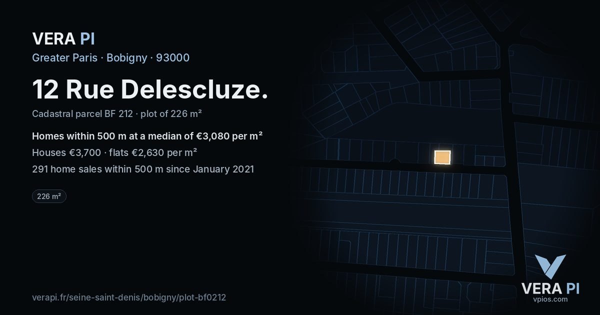 12 Rue Delescluze, Bobigny at night – the plot lit, the parcels around coloured by the prices near them