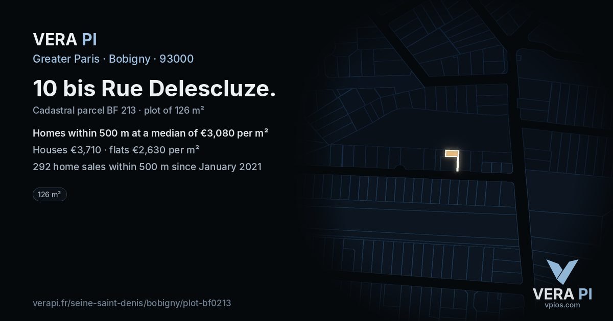 10 bis Rue Delescluze, Bobigny at night – the plot lit, the parcels around coloured by the prices near them