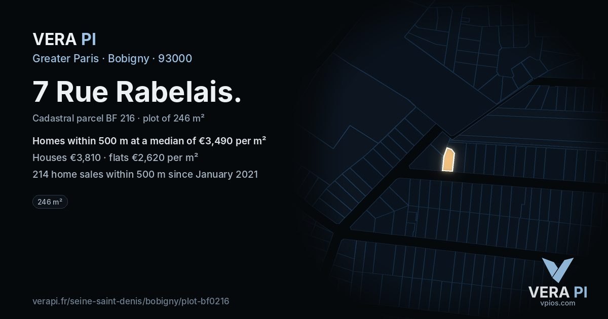 7 Rue Rabelais, Bobigny at night – the plot lit, the parcels around coloured by the prices near them