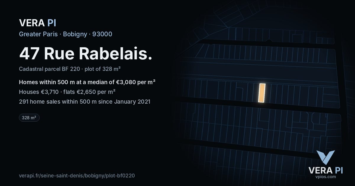 47 Rue Rabelais, Bobigny at night – the plot lit, the parcels around coloured by the prices near them
