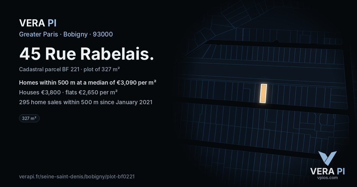 45 Rue Rabelais, Bobigny at night – the plot lit, the parcels around coloured by the prices near them