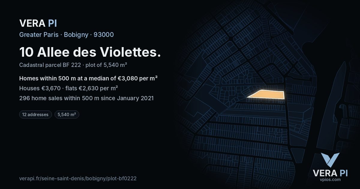 10 Allee des Violettes, Bobigny at night – the plot lit, the parcels around coloured by the prices near them