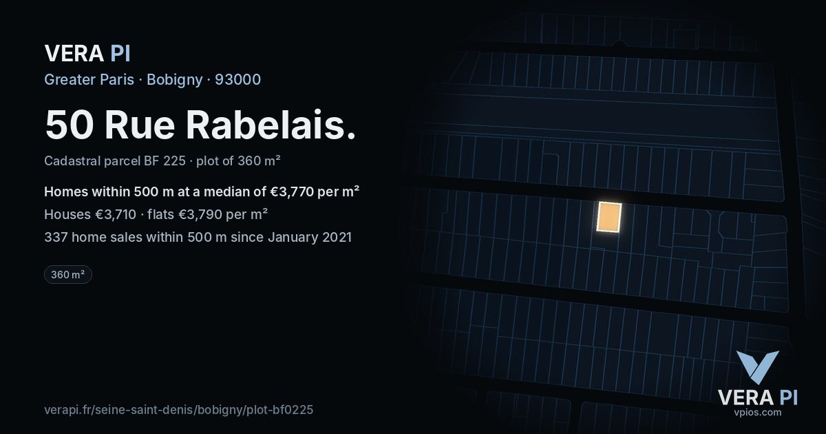 50 Rue Rabelais, Bobigny at night – the plot lit, the parcels around coloured by the prices near them