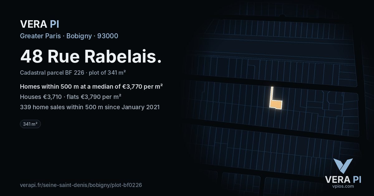 48 Rue Rabelais, Bobigny at night – the plot lit, the parcels around coloured by the prices near them