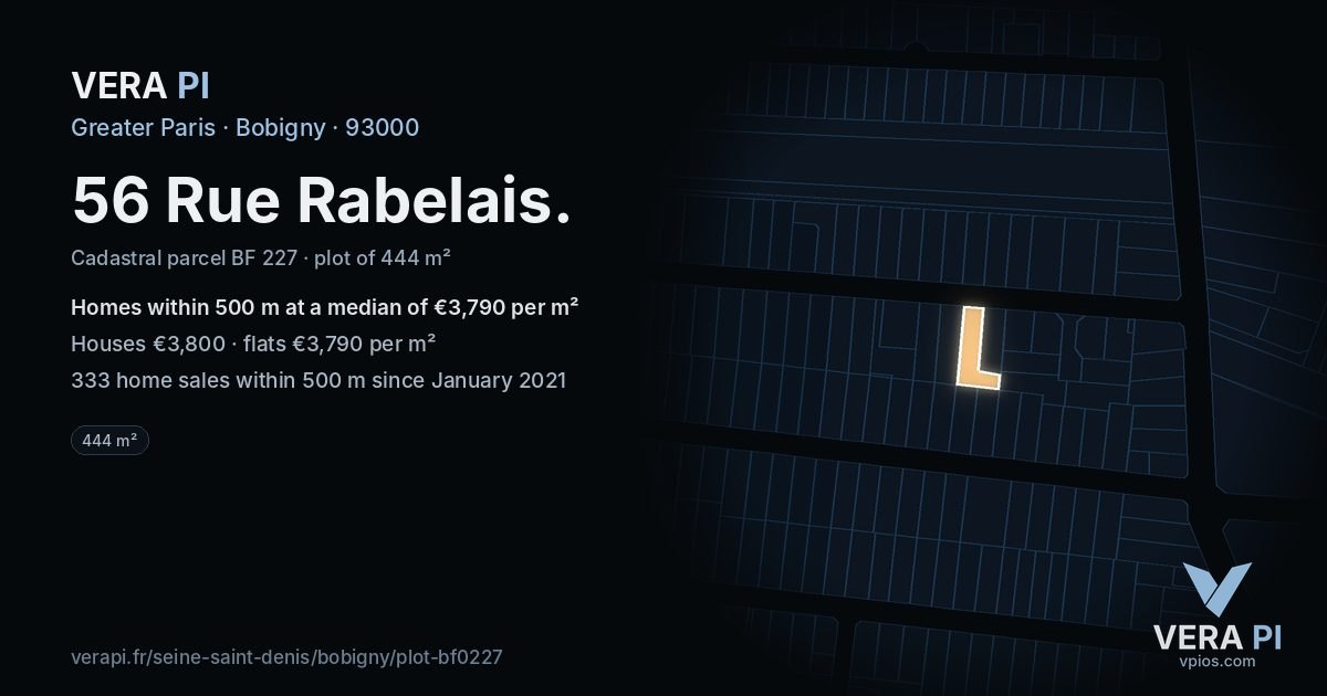 56 Rue Rabelais, Bobigny at night – the plot lit, the parcels around coloured by the prices near them