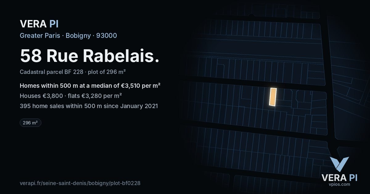 58 Rue Rabelais, Bobigny at night – the plot lit, the parcels around coloured by the prices near them