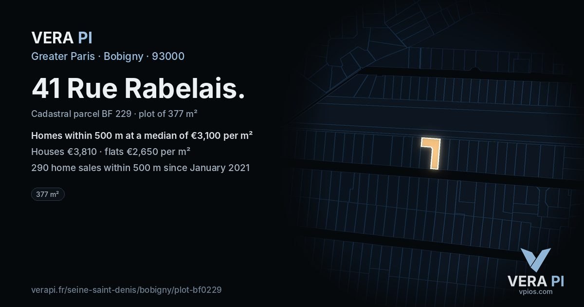 41 Rue Rabelais, Bobigny at night – the plot lit, the parcels around coloured by the prices near them