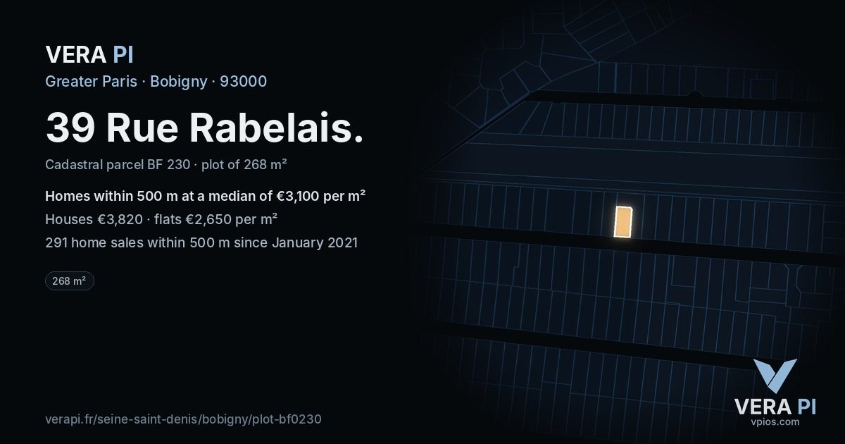 39 Rue Rabelais, Bobigny at night – the plot lit, the parcels around coloured by the prices near them