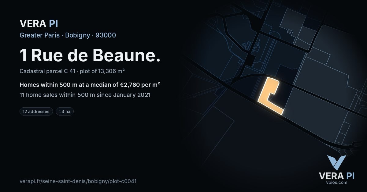 1 Rue de Beaune, Bobigny at night – the plot lit, the parcels around coloured by the prices near them
