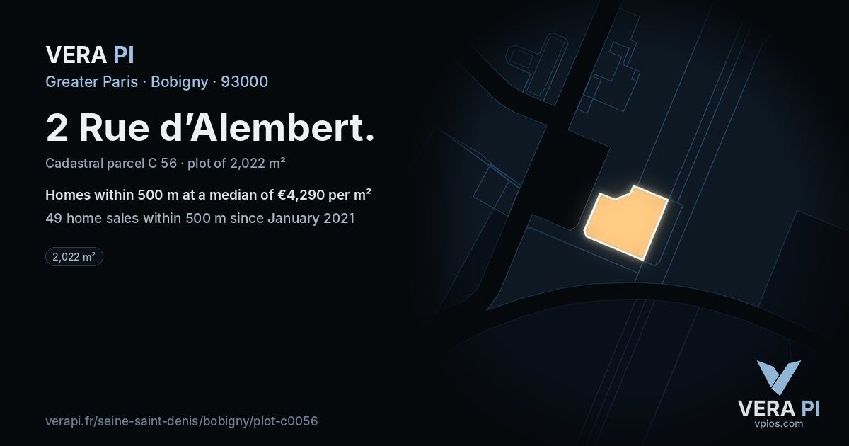 2 Rue d’Alembert, Bobigny at night – the plot lit, the parcels around coloured by the prices near them