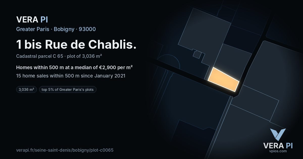 1 bis Rue de Chablis, Bobigny at night – the plot lit, the parcels around coloured by the prices near them