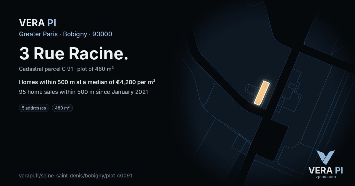 3 Rue Racine, Bobigny at night – the plot lit, the parcels around coloured by the prices near them