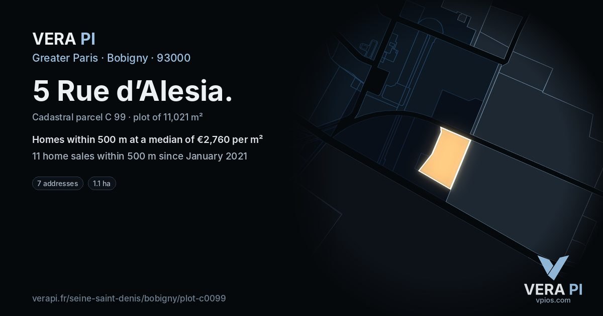 5 Rue d’Alesia, Bobigny at night – the plot lit, the parcels around coloured by the prices near them