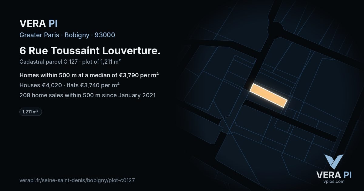 6 Rue Toussaint Louverture, Bobigny at night – the plot lit, the parcels around coloured by the prices near them