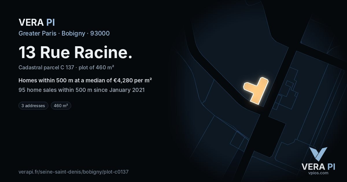 13 Rue Racine, Bobigny at night – the plot lit, the parcels around coloured by the prices near them