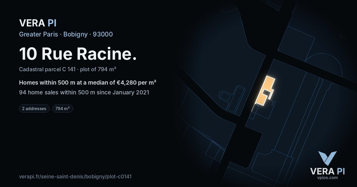 10 Rue Racine, Bobigny at night – the plot lit, the parcels around coloured by the prices near them