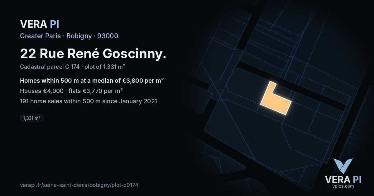 22 Rue René Goscinny, Bobigny at night – the plot lit, the parcels around coloured by the prices near them