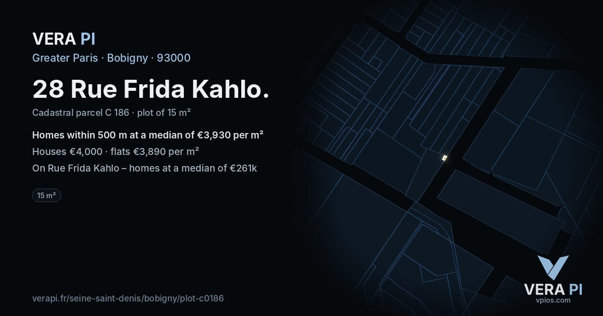 28 Rue Frida Kahlo, Bobigny at night – the plot lit, the parcels around coloured by the prices near them