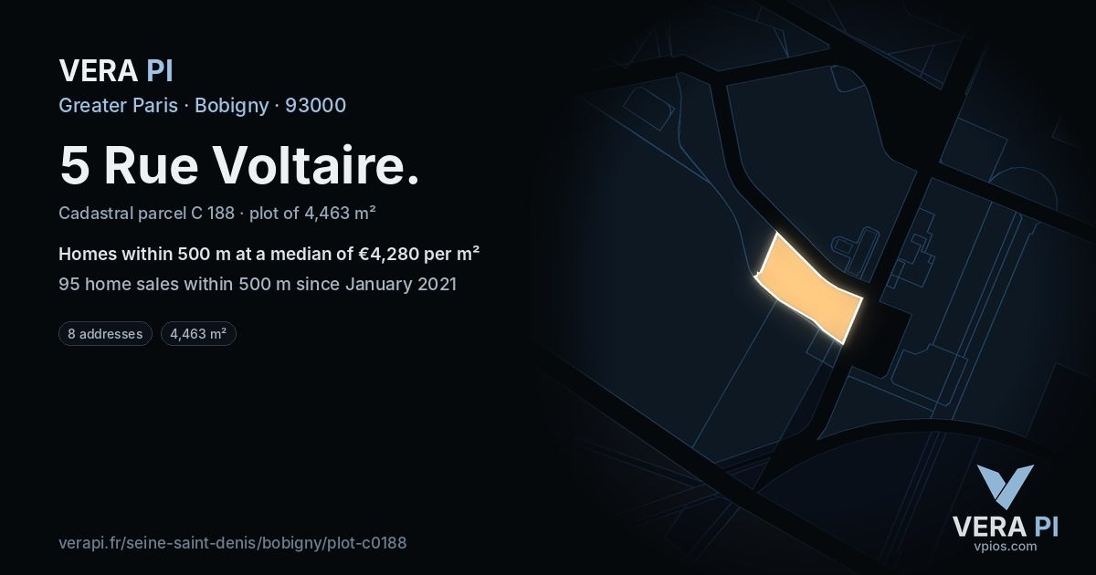 5 Rue Voltaire, Bobigny at night – the plot lit, the parcels around coloured by the prices near them