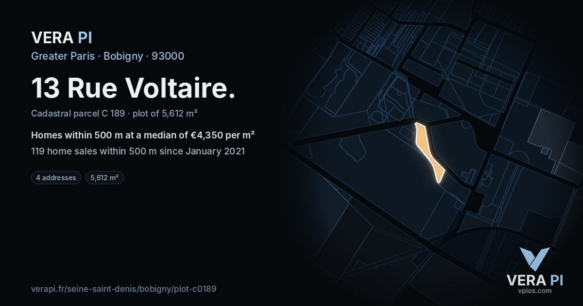 13 Rue Voltaire, Bobigny at night – the plot lit, the parcels around coloured by the prices near them