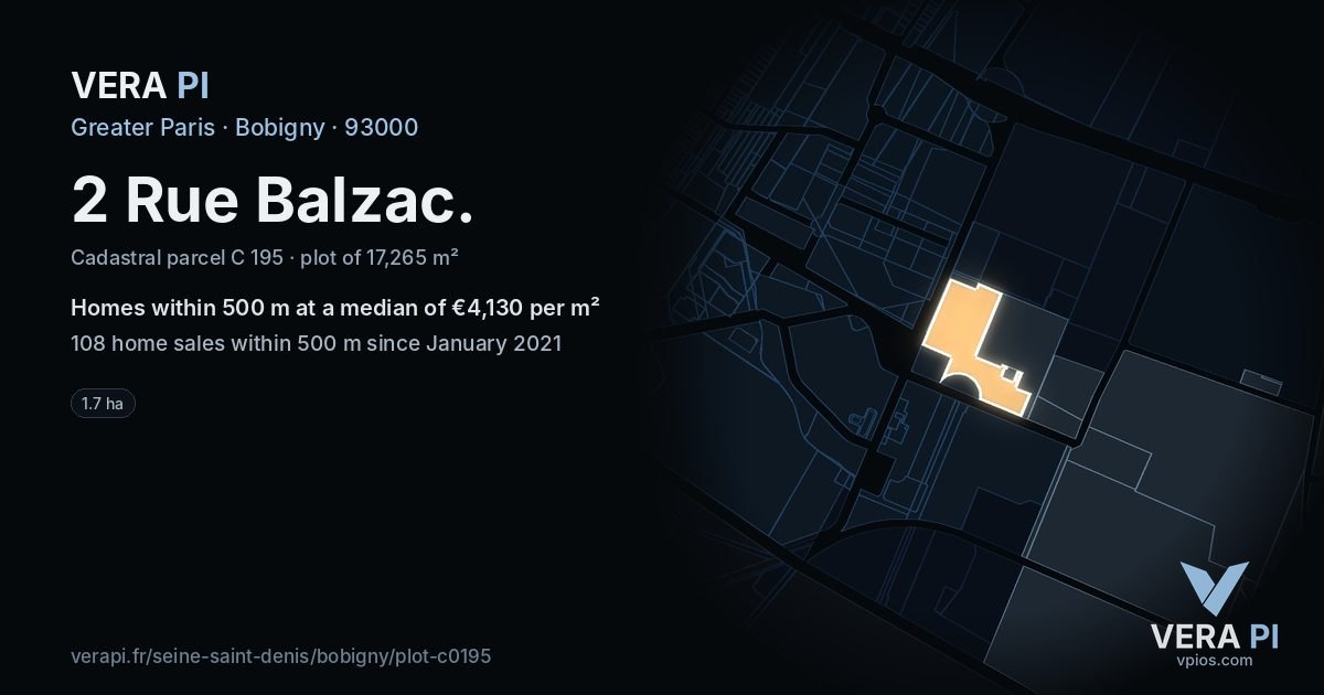2 Rue Balzac, Bobigny at night – the plot lit, the parcels around coloured by the prices near them