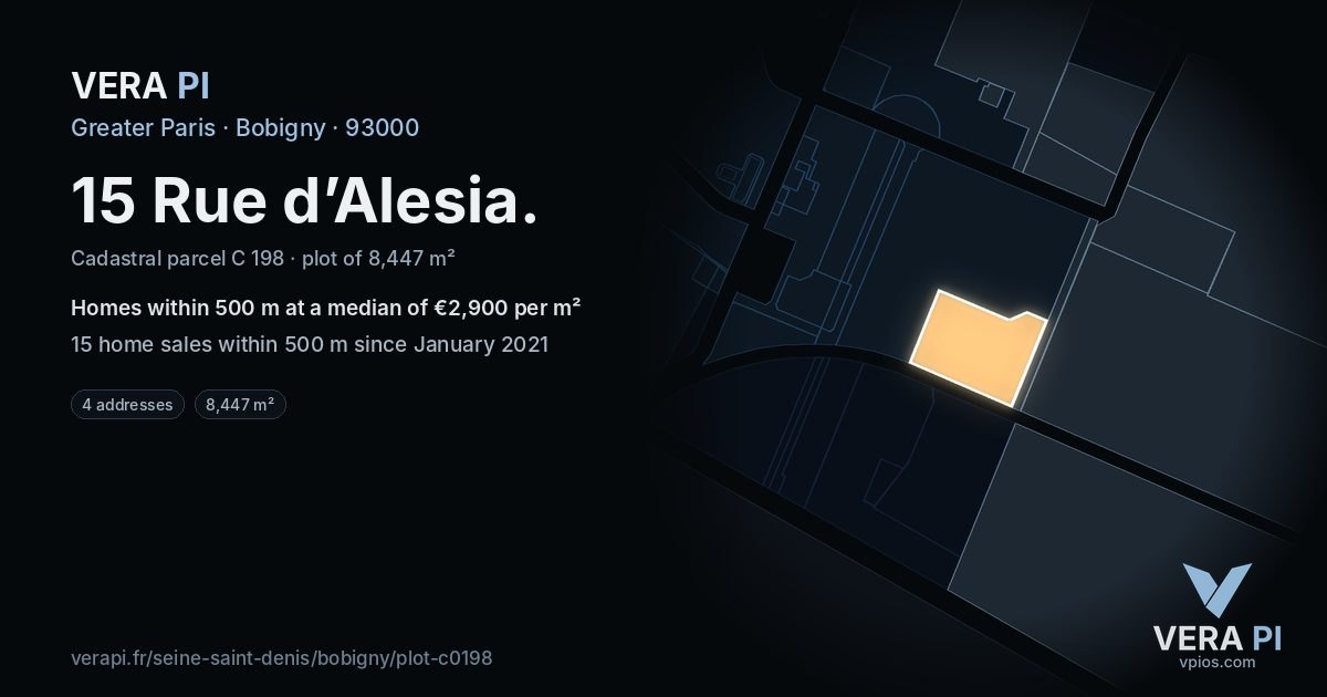 15 Rue d’Alesia, Bobigny at night – the plot lit, the parcels around coloured by the prices near them