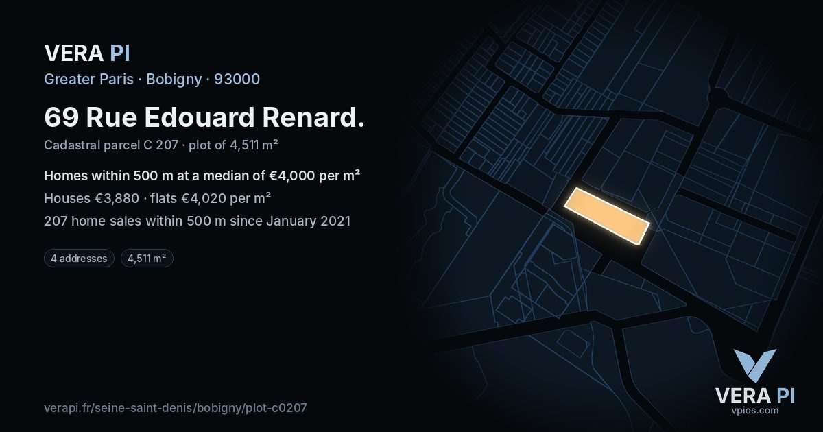 69 Rue Edouard Renard, Bobigny at night – the plot lit, the parcels around coloured by the prices near them
