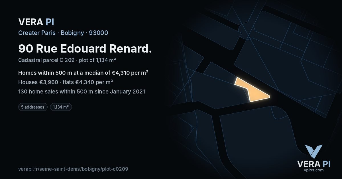 90 Rue Edouard Renard, Bobigny at night – the plot lit, the parcels around coloured by the prices near them