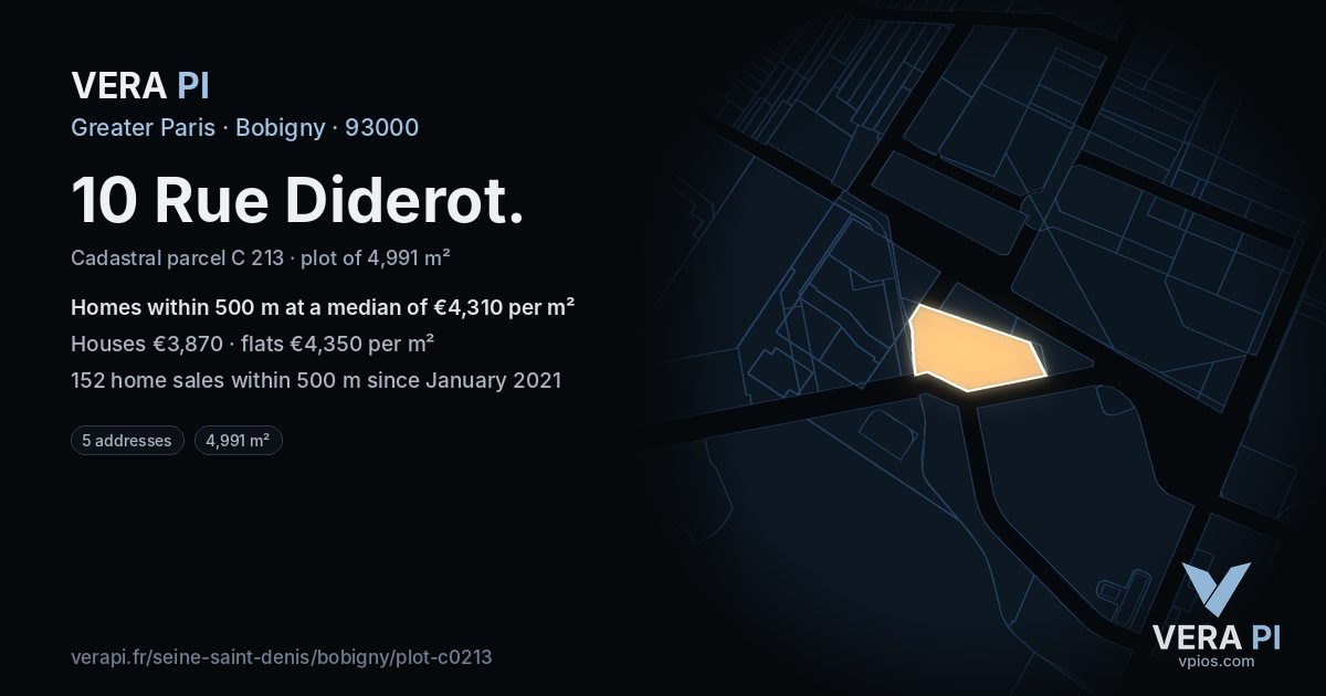 10 Rue Diderot, Bobigny at night – the plot lit, the parcels around coloured by the prices near them
