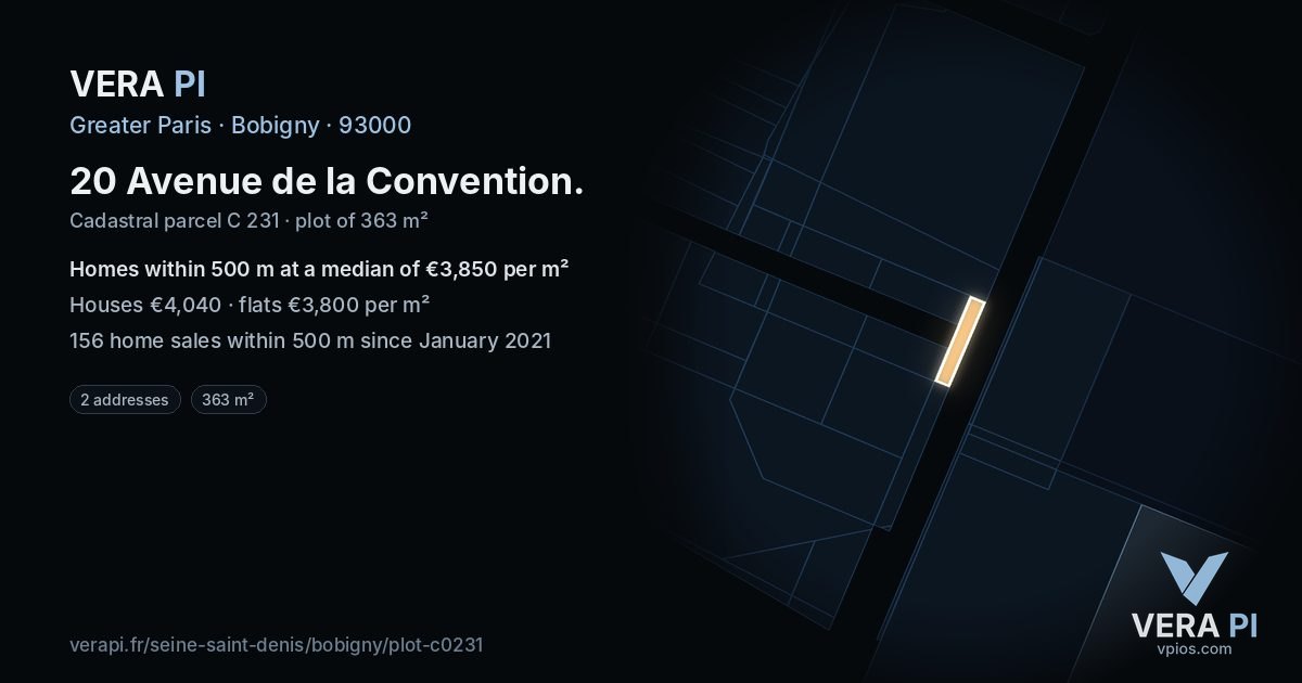 20 Avenue de la Convention, Bobigny at night – the plot lit, the parcels around coloured by the prices near them