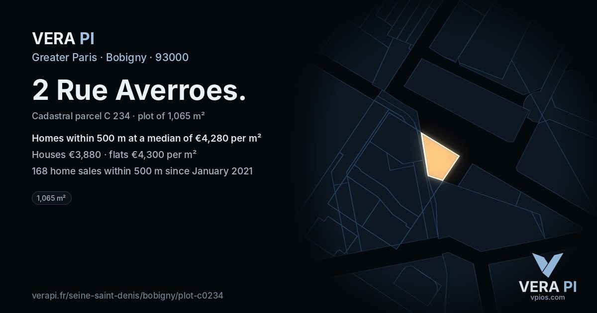 2 Rue Averroes, Bobigny at night – the plot lit, the parcels around coloured by the prices near them