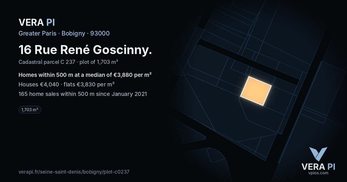 16 Rue René Goscinny, Bobigny at night – the plot lit, the parcels around coloured by the prices near them
