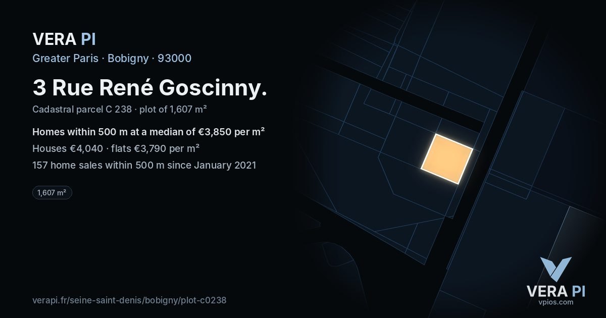 3 Rue René Goscinny, Bobigny at night – the plot lit, the parcels around coloured by the prices near them