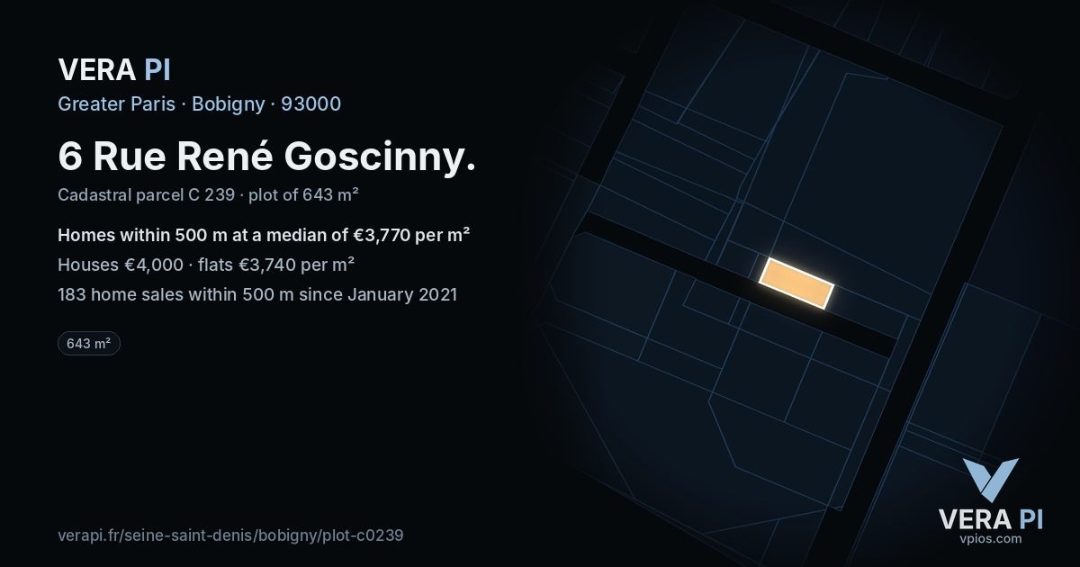 6 Rue René Goscinny, Bobigny at night – the plot lit, the parcels around coloured by the prices near them