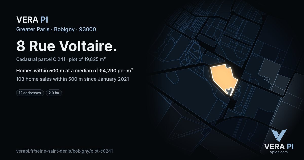 8 Rue Voltaire, Bobigny at night – the plot lit, the parcels around coloured by the prices near them
