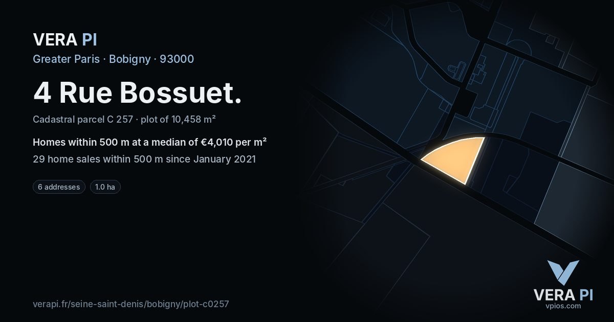 4 Rue Bossuet, Bobigny at night – the plot lit, the parcels around coloured by the prices near them