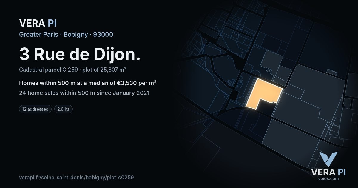 3 Rue de Dijon, Bobigny at night – the plot lit, the parcels around coloured by the prices near them