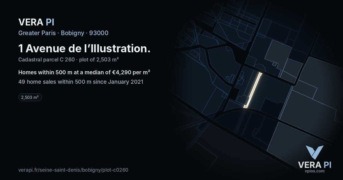 1 Avenue de l’Illustration, Bobigny at night – the plot lit, the parcels around coloured by the prices near them