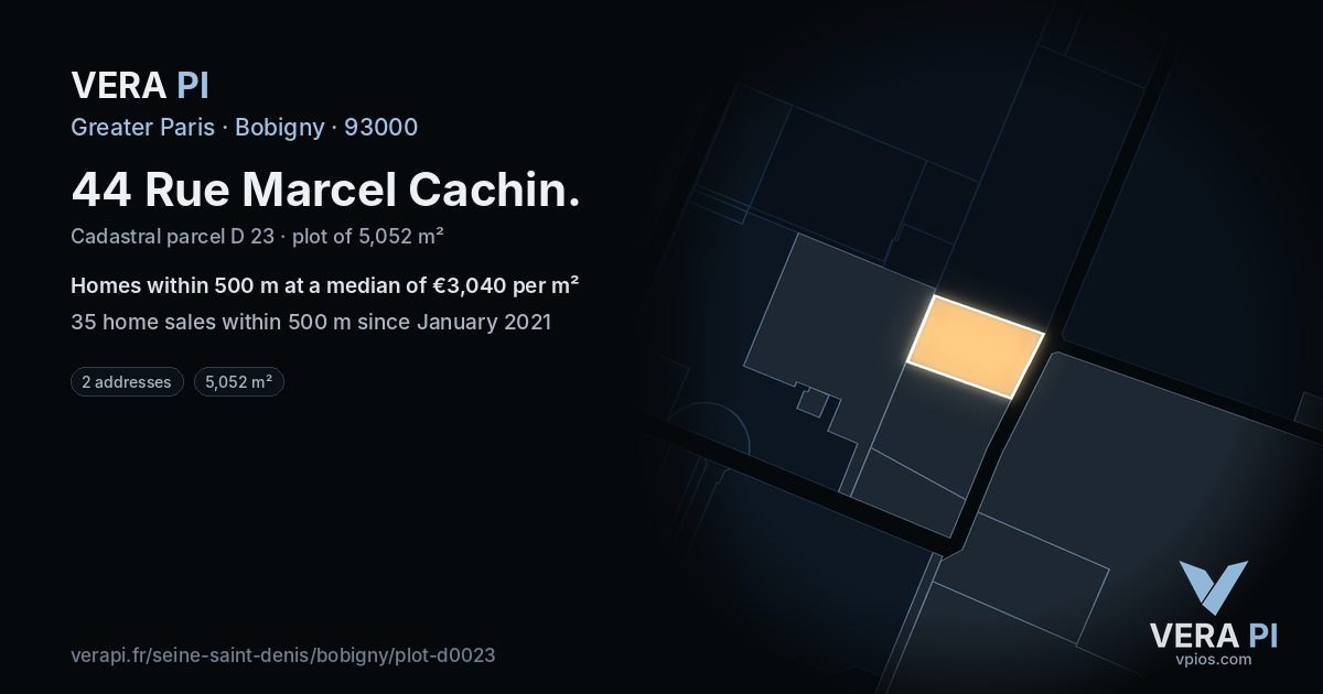 44 Rue Marcel Cachin, Bobigny at night – the plot lit, the parcels around coloured by the prices near them