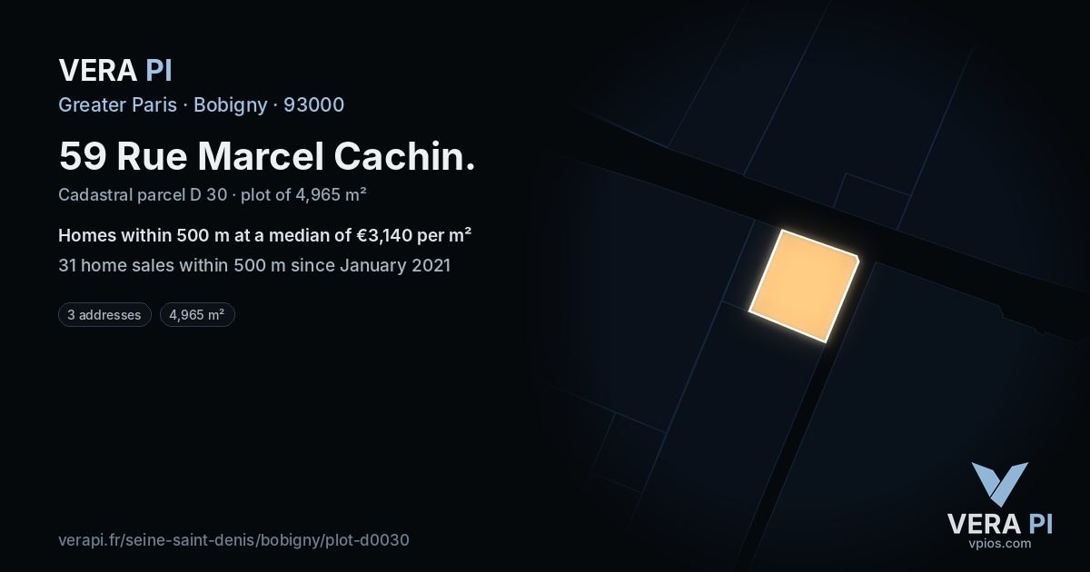59 Rue Marcel Cachin, Bobigny at night – the plot lit, the parcels around coloured by the prices near them