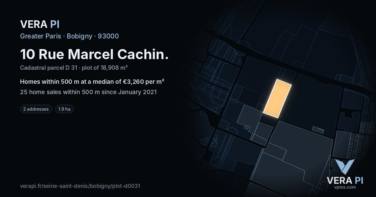 10 Rue Marcel Cachin, Bobigny at night – the plot lit, the parcels around coloured by the prices near them