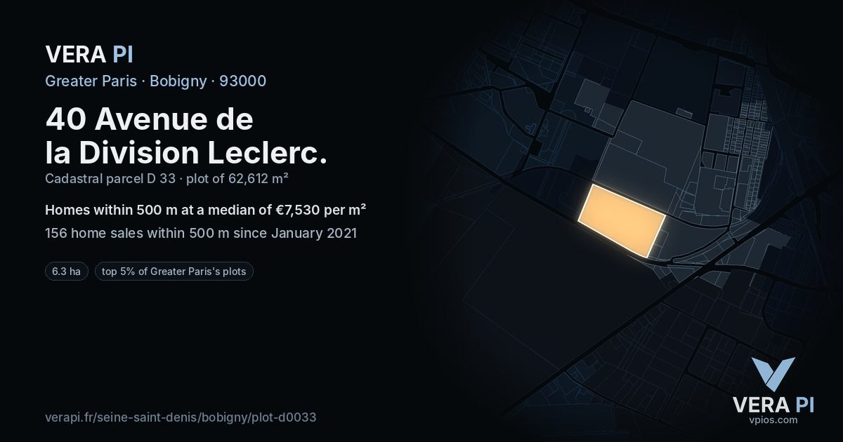 40 Avenue de la Division Leclerc, Bobigny at night – the plot lit, the parcels around coloured by the prices near them