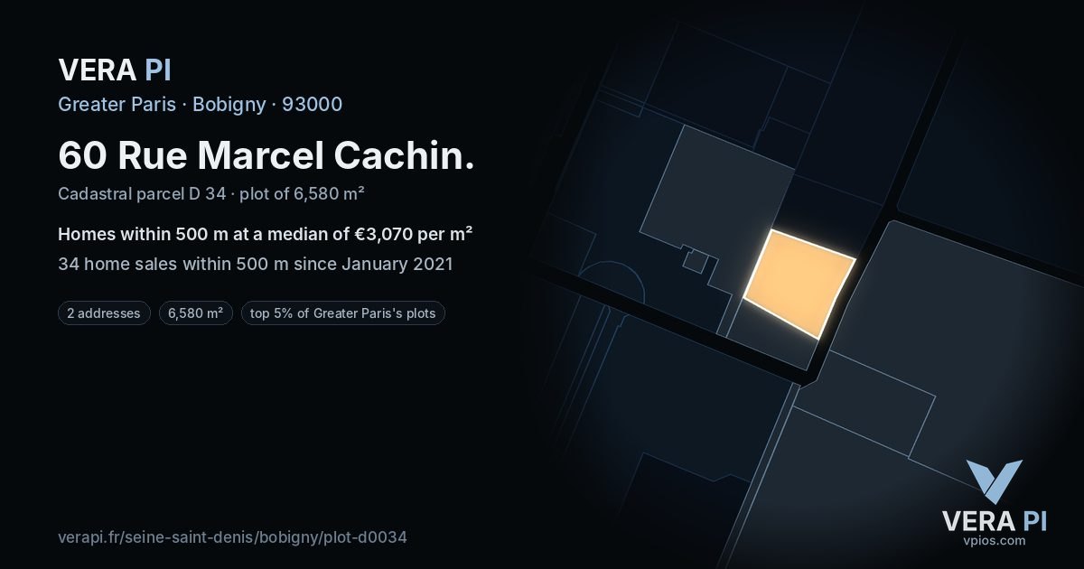 60 Rue Marcel Cachin, Bobigny at night – the plot lit, the parcels around coloured by the prices near them