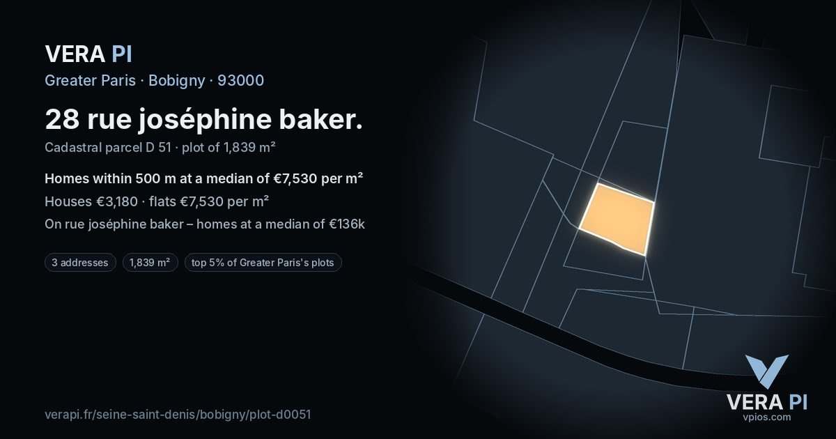 28 rue joséphine baker, Bobigny at night – the plot lit, the parcels around coloured by the prices near them