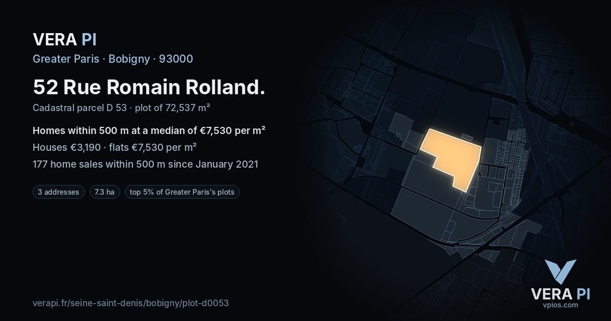 52 Rue Romain Rolland, Bobigny at night – the plot lit, the parcels around coloured by the prices near them